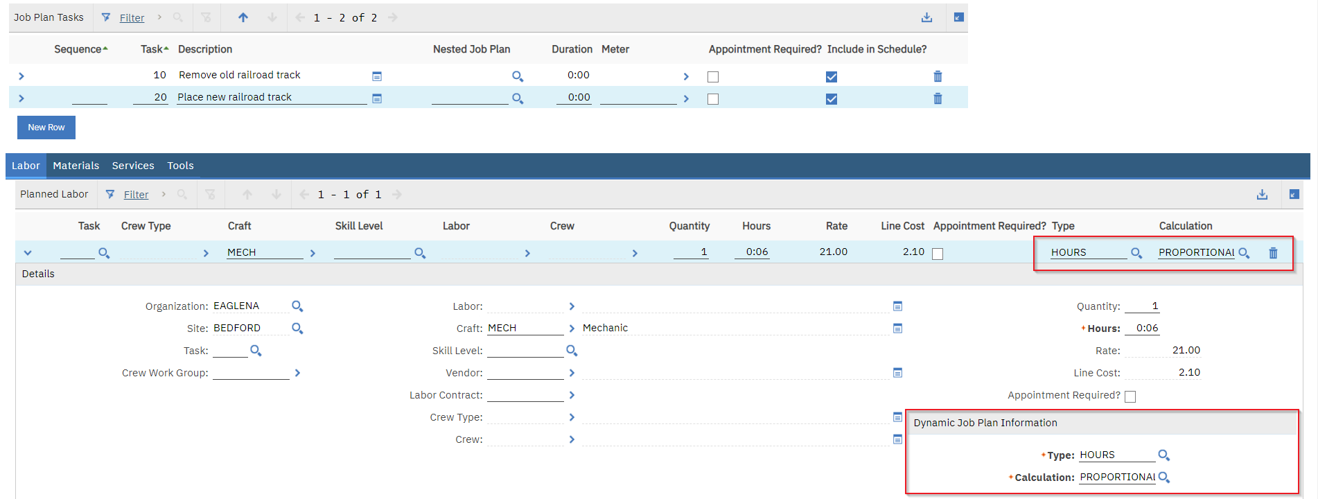 Screenshot of the dynamic job plan fields for labor in Maximo