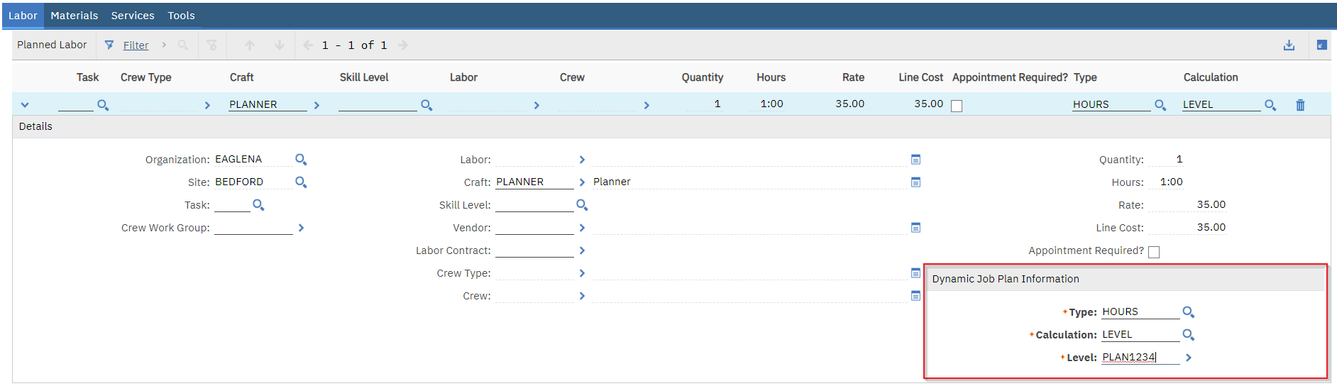Screenshot of a level-based job plan in Maximo
