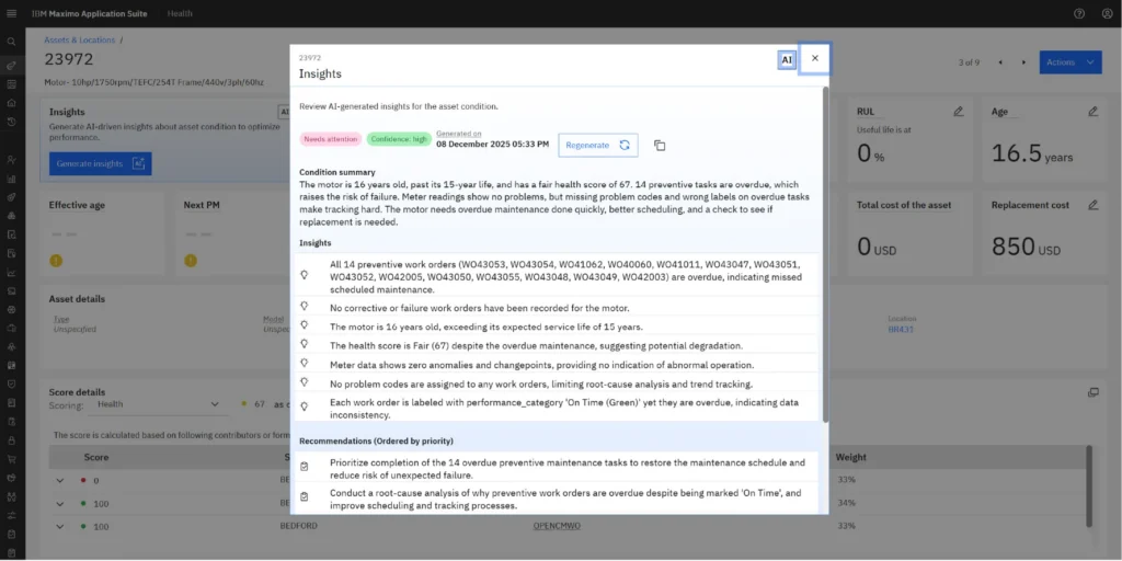 Maximo AI Insights panel showing asset health analysis and recommended maintenance actions
